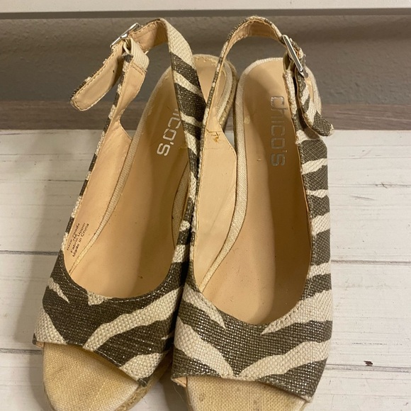 Chico's Cream and Brown Wedge Sandals with Suede Finish - Picture 2 of 7
